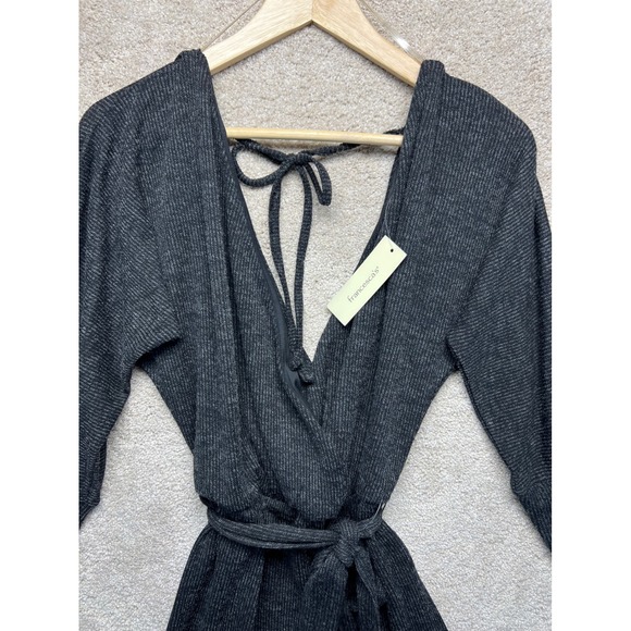 Francesca's Gray Ribbed Wrap Tunic Top Tie Waist Open Back Long Sleeve L - Picture 9 of 14